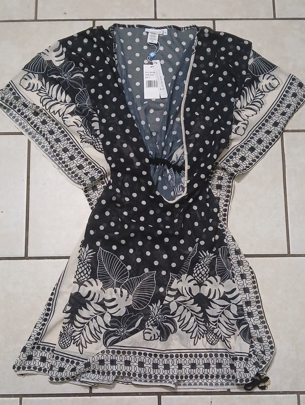 Bleu Rod Beattie Womens Sz 1X Black & Cream Semi Sheer Bohemian Swim Coverup NWT